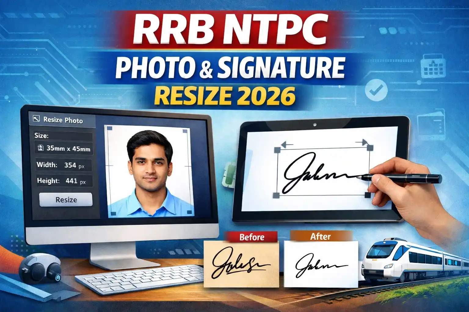 RRB NTPC Graduate Level फोटो सिग्नेचर रिसाइज़ टूल 2026 – अपलोड एरर तुरंत ठीक करें