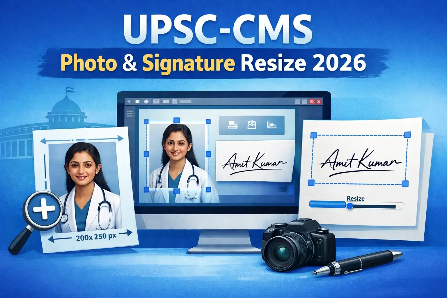 UPSC CMS 2026 फोटो सिग्नेचर रिसाइज़ टूल — Triple Signature, Live Photo, White Background गाइड